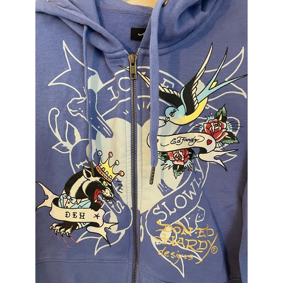 Ed Hardy Size L Free Bird Blue Cropped Graphic Hoodie Love Kills Slowly Y2k - Picture 3 of 7